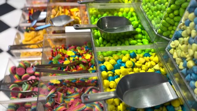 Variety of colorful candies. Gummies. And bonbons displayed in transparent plastic containers with metal scoops in a self service confectionery store. Inviting customers to pick their favorite treats