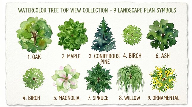 Watercolor tree top view collection, landscape plan symbols, 9 trees