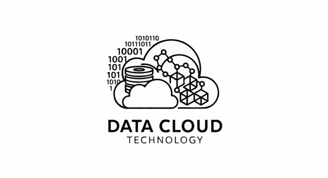 Stylized cloud logo with binary code, data stack, and molecular structure