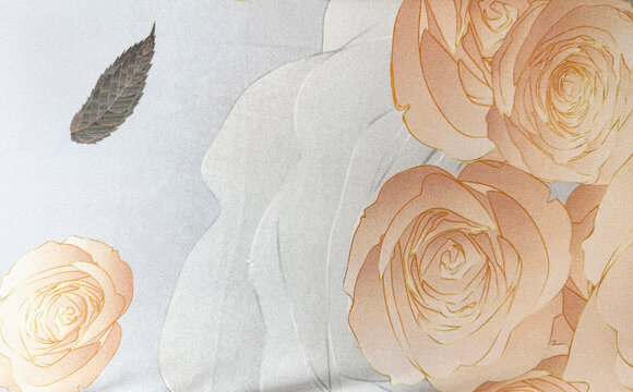 Graphic background of peach orange rose flower with white color background. Printed wallpaper and fabric concept. Seamless background texture.