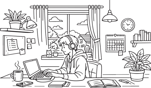 Student working on laptop at home desk