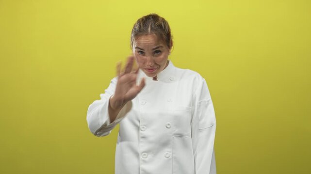 Woman chef in white jacket smiling with hand raised and pointing gesture in green studio backdrop; playful joy.