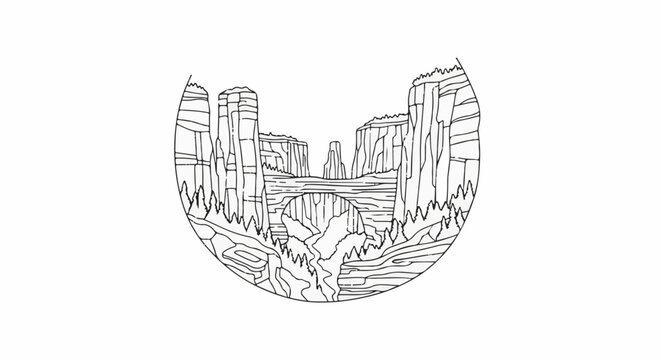 Stylized line art depicts a canyon with a river and natural arch, framed in a circle