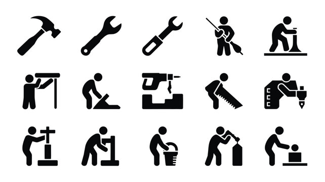 Set of 15 Black and White Construction Workman Industry Vector Icons