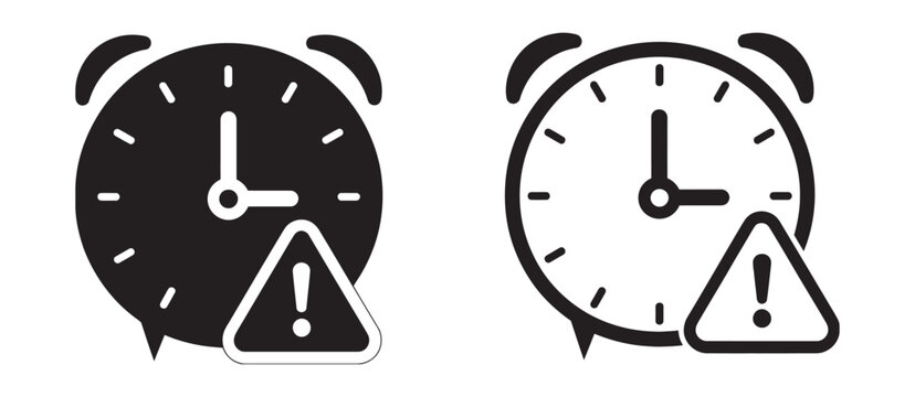 Late icon warning triangle symbol, delay alert sign with clock and exclamation mark, time warning indicator, deadline reminder concept, vector illustration