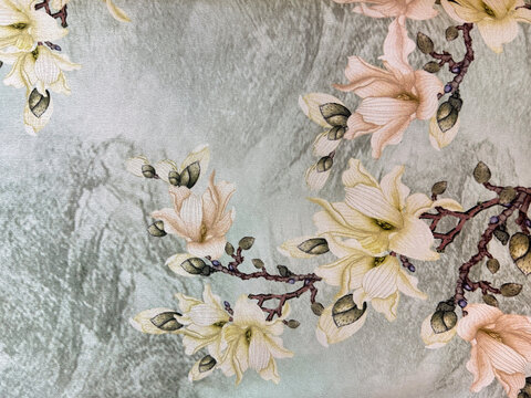 Graphic background of random flower and leaves pattern, in vibrant beige, peach, pink with grey color background. Printed wallpaper and fabric concept. Seamless background texture.