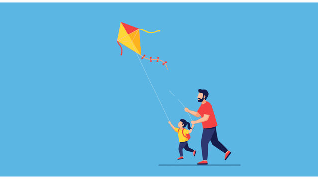 Father and son flying colorful kite outdoors on sunny day