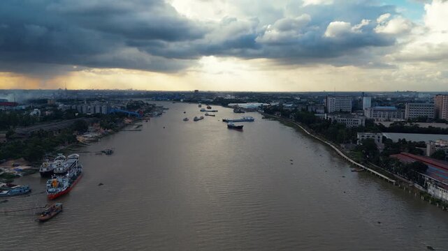 Drone Shot of Shitalakshya River Flowing Through Narayanganj