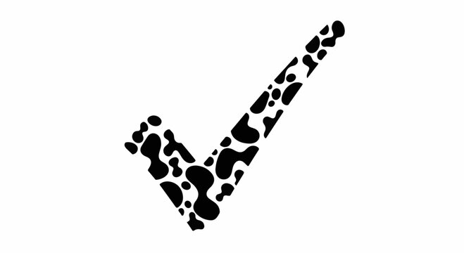 Black and white abstract speckled check mark symbol on a white background.