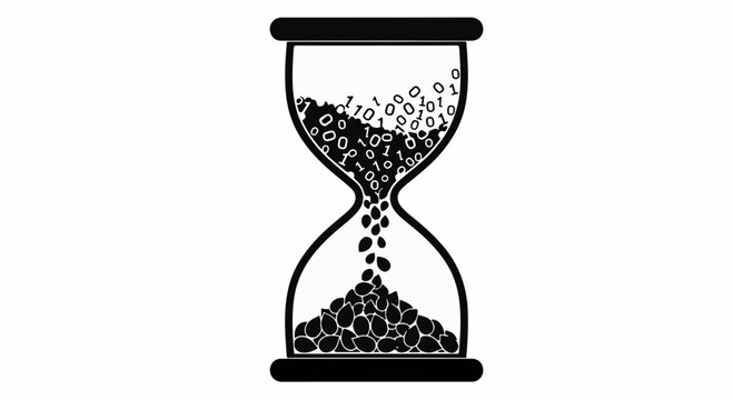 Digital hourglass with binary code flowing like sand, representing the passage of time in the digital age.