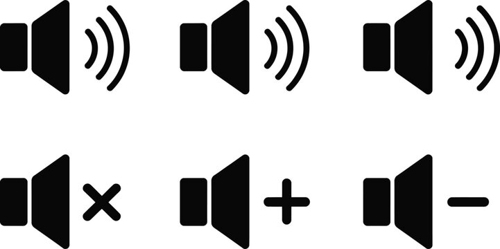 Volume control icons mute low high max sound audio vector illustration set