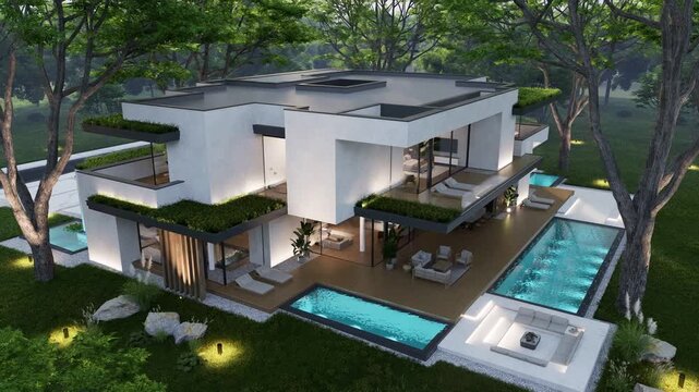 4K video rendering of two-story house with parking and pool for sale or rent with concrete facade and beautiful landscaping Clear summer evening with cozy light from window