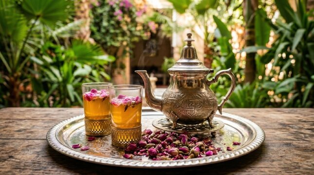Middle Eastern Tea Set with Rose Petals and Silver Teapot