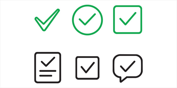 Set of check mark icons in various shapes and colors like green circles squares and lines for task completion or success verification simple flat design.