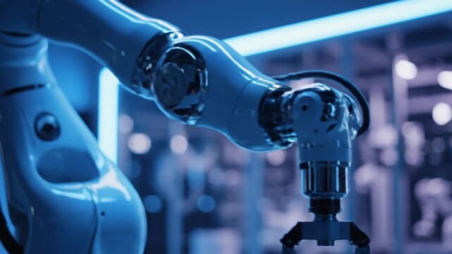 Industrial robotic arm with chrome joints in blue factory lighting