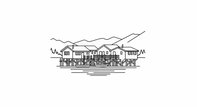 Stylized line art depicts waterfront homes on stilts with boats below mountains