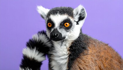Fototapeta premium Close-up portrait of a ring-tailed lemur with orange eyes against a purple background