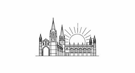 Obraz premium Stylized line art of a cathedral with a sunburst behind it