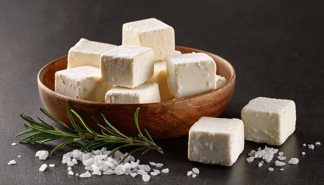 square goat cheese candies sit in bowl rosemary and sea salt nearby use for cooking blogs product shots food photography and farm branding