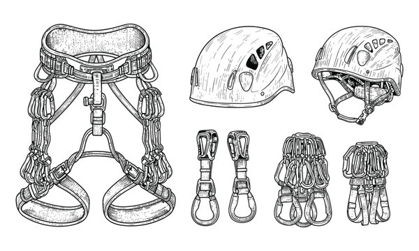 Set of climbing equipment for mountaineering or extreme sports in sketch style.