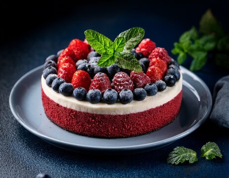 delicious berry cake topped with fresh mint on a dark background use this image to promote baking recipes and desserts