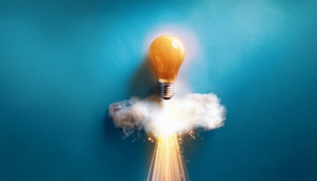 idea light bulb flying to the sky like a rocket flat lay