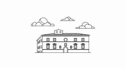 Naklejka premium Stylized line art of a classical building with segmented clouds above
