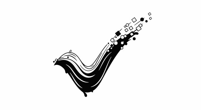 Abstract check mark symbol dissolving into digital pixels, representing completion and progress.