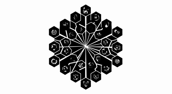 Intricate geometric snowflake pattern with arcane symbols and interconnected lines