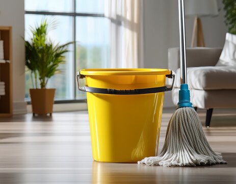 yellow bucket with mop on wet floor cleaning product in the living room it can be used in blogs about cleaning or housekeeping service promotion