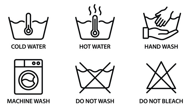 Laundry care symbols set, cold water hot water hand wash machine wash do not wash do not bleach icons, vector transparent background.