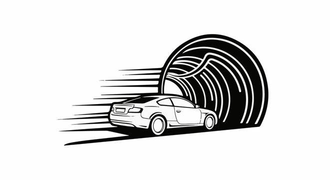 Stylized line art of a fast-moving coupe entering a tunnel