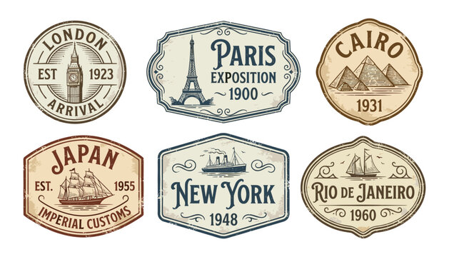 Vintage travel badges for London Paris Cairo New York Japan Rio de Janeiro, retro destination emblems, transparent background vector illustration.