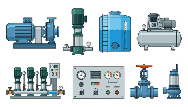 Set of industrial water pumps, air compressor, storage tank and valve for water supply system, vector.