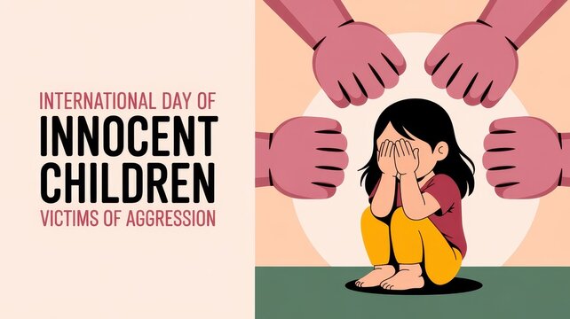 Illustration for International Day of Innocent Children Victims of Aggression featuring a crying girl surrounded by threatening fists
