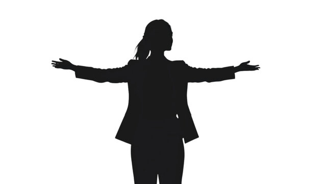 Businesswoman stands with arms wide open to demonstrate a welcoming and confident corporate attitude.