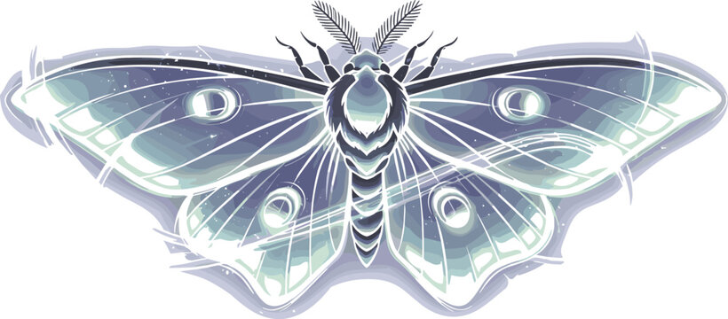 Detailed ethereal glowing moth vector illustration with intricate wing patterns mystical celestial insect design for posters and tattoos.