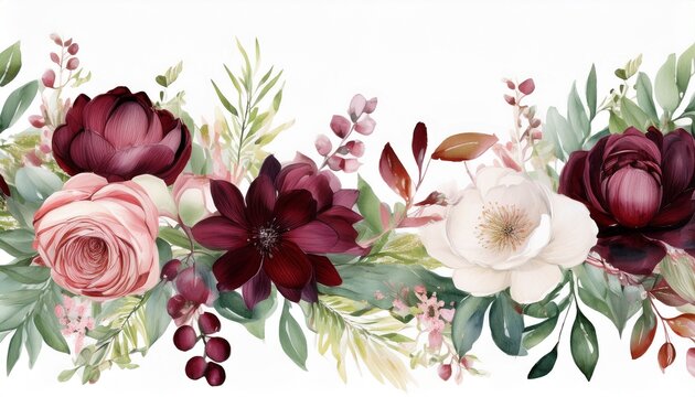 watercolor floral seamless border green leaves burgundy maroon pink peach blush white flowers leaf branches wedding invitations greetings wallpapers fashion prints eucalyptus olive rose peony