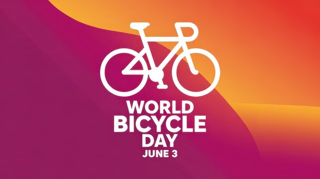World Bicycle Day June 3 poster with bicycle icon on colorful purple and orange gradient background