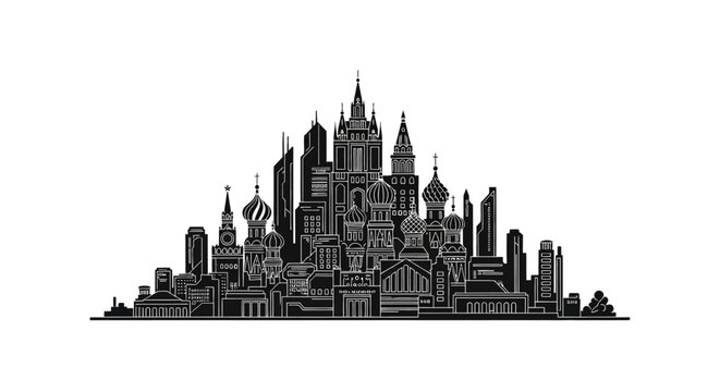 Moscow cityscape silhouette with modern skyscrapers and traditional domes on white background