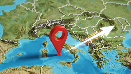 Obraz premium A map with a marker showing a journey from Italy to Romania. An arrow marks the direction from Italy to Romania