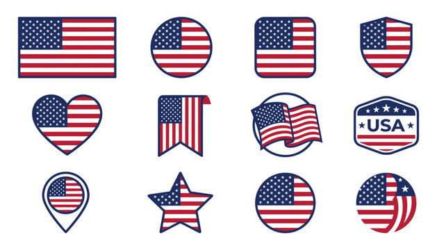 Collection of american flags in different shapes and styles on transparent background vector graphic for usa independence day celebration design.