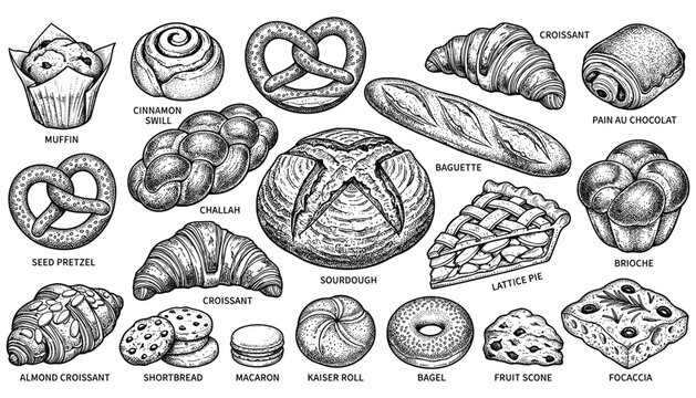 Vector illustration of various baked goods and pastries like croissant bread pretzel muffin and cinnamon roll on transparent background, detailed sketch.