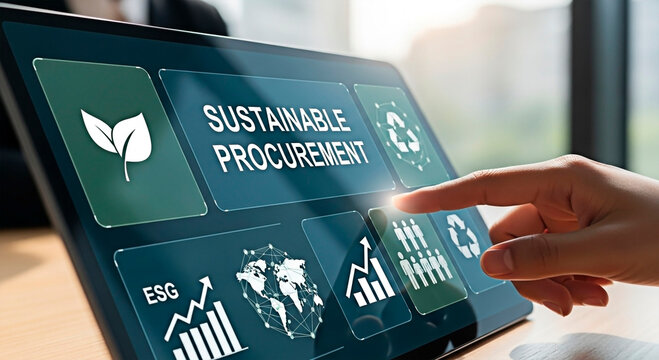 Sustainable Procurement concept on a modern tablet with hand touch screen for the future business.