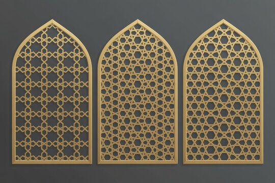 Set of three ornate golden Arabic window frames with geometric lattice patterns