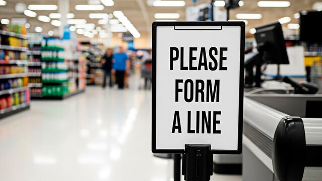 Supermarket checkout signage requesting patrons to form a queue.