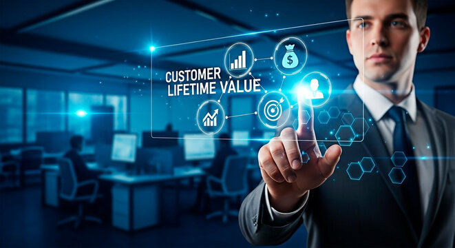 A businessman selecting Customer Lifetime Value in the concept of digital marketing and customer retention.