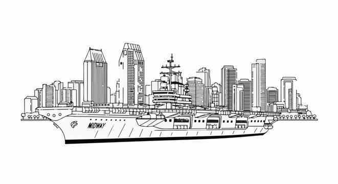 Stylized line art of an aircraft carrier in front of a city skyline