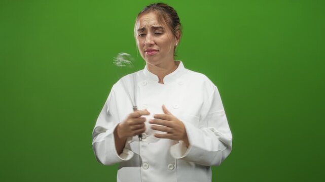 Young blonde woman chef in white coat holding metal whisk, shrugging with palms up and pleading expression in studio; frustration.