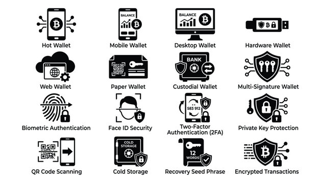 Digital security and cryptocurrency wallet icons vector illustration for online protection on transparent background.